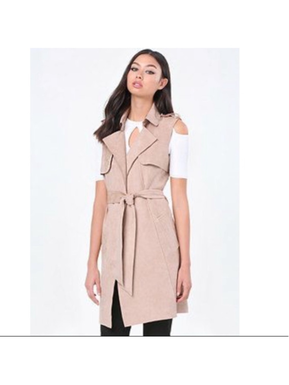 Bebe Sleeveless Tan Faux Suede Belted Tie Trench Vest Classic Timeless Neutral